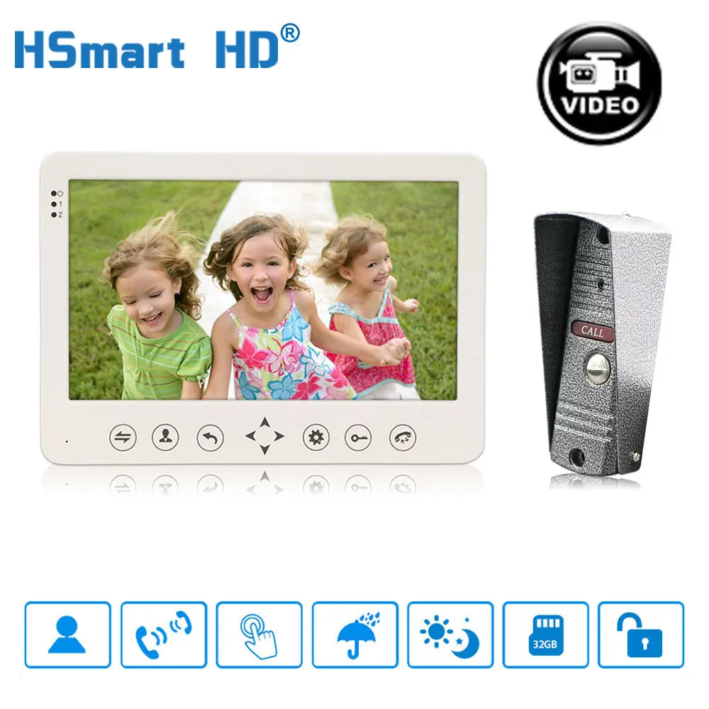 

7" inch Video Doorphone Touch Button IP65 Waterproof IR Visual Doorbell Motion Detection SD card Video Record Intercom System
