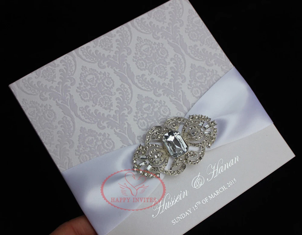 HI6023-05  Elegant White Flocking Invites with Ribbon and Brooch