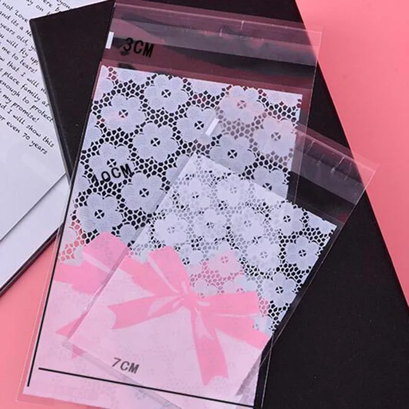 50PCS 7x10cm Flower Lace Bow Cookie&Candy Bag Self-Adhesive Plastic Bags For Biscuits Snack Baking Package Supplies