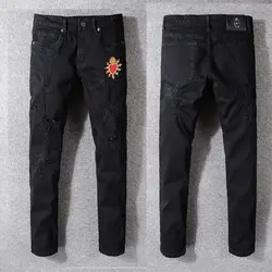 Новый итальянский стиль #3308 # мужские рваные штаны с вышивкой сердца тертые обтягивающие черные джинсы узкие брюки Размер 29-40
