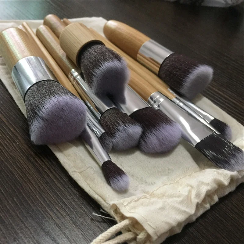 11 шт Профессиональные кисти для макияжа Набор бамбуковых теней для век Pinceaux Maquillage Foundation Blusher Kabuki Soft Brochas Maquillaje