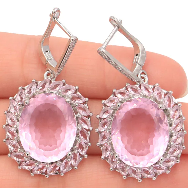 

Big Heavy 14.4g 18x15mm Pink Kunzite White CZ Wedding 925 Silver Earrings 40x24mm