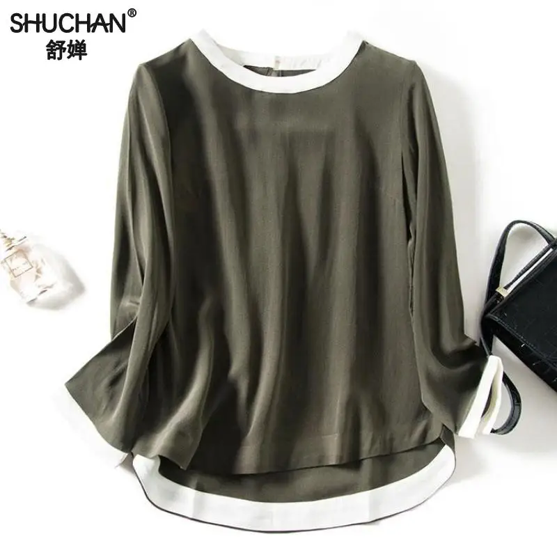 

Shuchan 100% Natural Silk Women's Shirt Loose Three Quarter Sleeve Spliced O-neck Top Female Summer Fashionable Women's Clothing