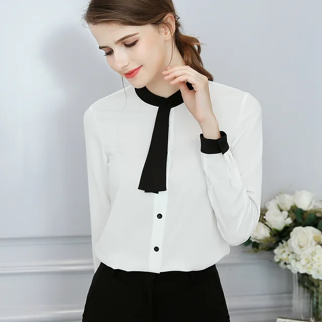 2018 Spring Summer long sleeve blouses women OL career collar chiffon ...