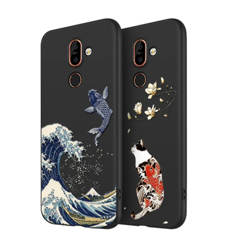 

2019 Emboss Phone Case For Nokia 7 Plus cover Kanagawa Waves Carp Cranes 3D Giant relief Case For Nokia 7 Plus