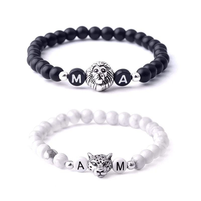 

Fashion Leopard Lion Head Letters Bracelets Natural Stone Beads Bracelets Mens Hematite Healing Energy Yoga Couple Jewelry