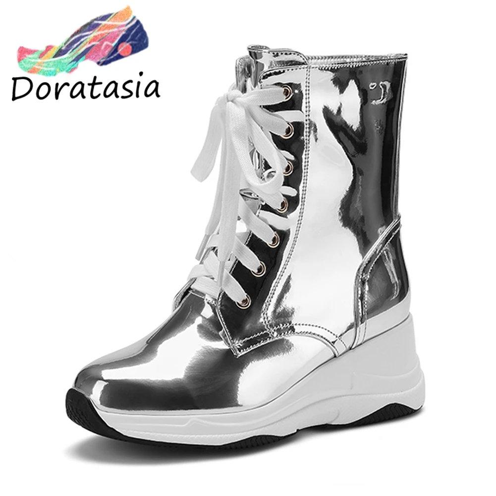 

DORATASIA Fashion Brand New Patent Microfiber Ankle Boots Woman Thick Heels Lace Up Soft Comfort Boots Woman Shoes Women