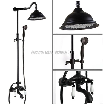 

Rain Shower Faucets Black Oil Rubbed Bronze Bathroom Tub Shower Faucet with Bathroom Hand Spray Mixer Taps Wall Mount Wrs681