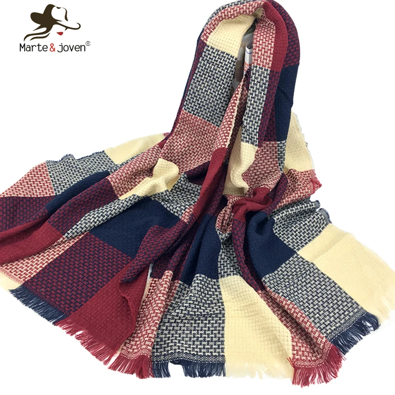 Marte Joven Winter Geometric Plaid Knitted Scarf for Women Soft Warm Woolen Scarf and Wrap