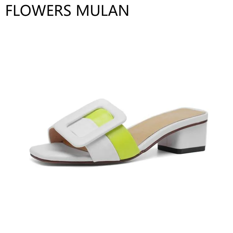 

Mixed Color One Buckle Women Sandals Peep Toe Chunky Heels Zapatos De Mujer Slip On Outdoor Girl Slippers Slip On Slides Mules