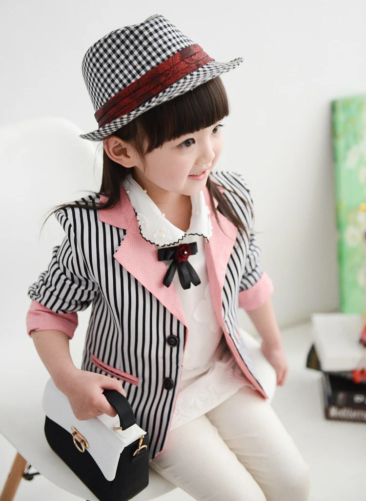 Коллекция года, приталенные блейзеры для маленьких девочек топы для девочек-подростков, полосатый осенний Модный китайский Повседневный Блейзер, куртка для детей возрастом от 3 до 12 лет