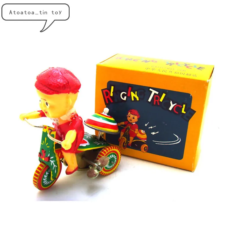 

Vintage Retro Ringing Tricycle Tin toy Classic Clockwork Wind Up Rider Child Collection Tin Toy For Adult Kids Collectible Gift
