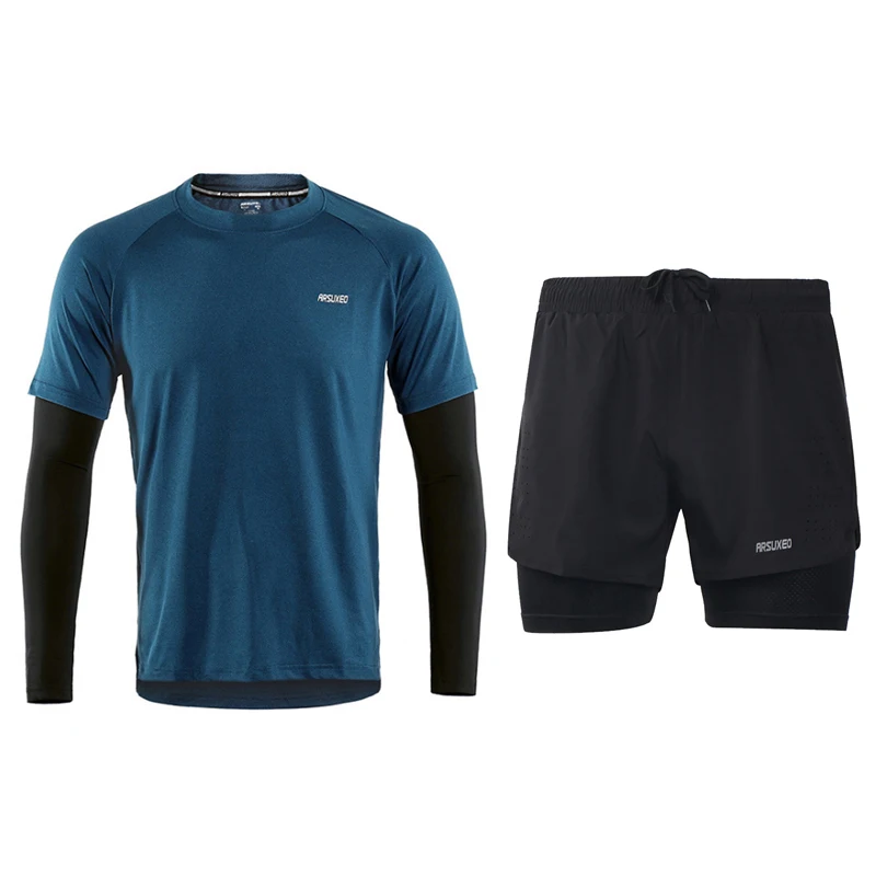 

Men's Running Suit Long Sleeves+Shorts Running Sets Quick Dry Running Jogging Suits Fitness Body Building Sportswear