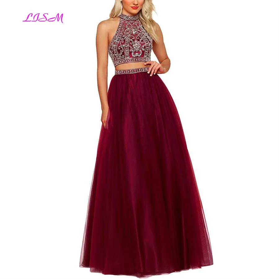 

Two Pieces Long Tulle Prom Dress for Women Beaded Crystals Formal Party Gown Open Back Floor Length Evening Dress robe de soiree