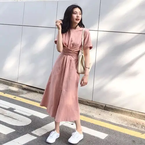 

French Style Short Sleeve Elegant Long Dress Women Brief Artistic Vintage Dresses Mori Girl Woman Cloth Light Pink Clothing