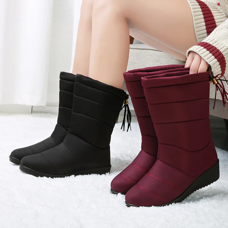 Wedges Down Boots Women Waterproof Winter Shoes Casual Platform Mid-Calf Warm Snow Boots Slip On Tassel Female Shoes Botas XZ70