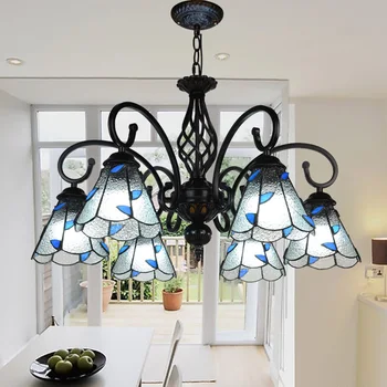 

Mediterranean Tiffany Baroque Stained Glass Suspended Luminaire E27 Chain Pendant lights Parlor Dining Room hanging lighting