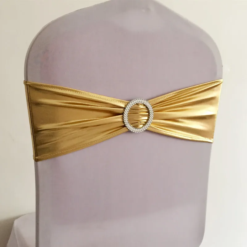 

100pcs Bronzing Elastic Stretch Chair Sash Metallic Gold Spandex Lycra Chair Band With Round Buckle For Wedding Event Hotel