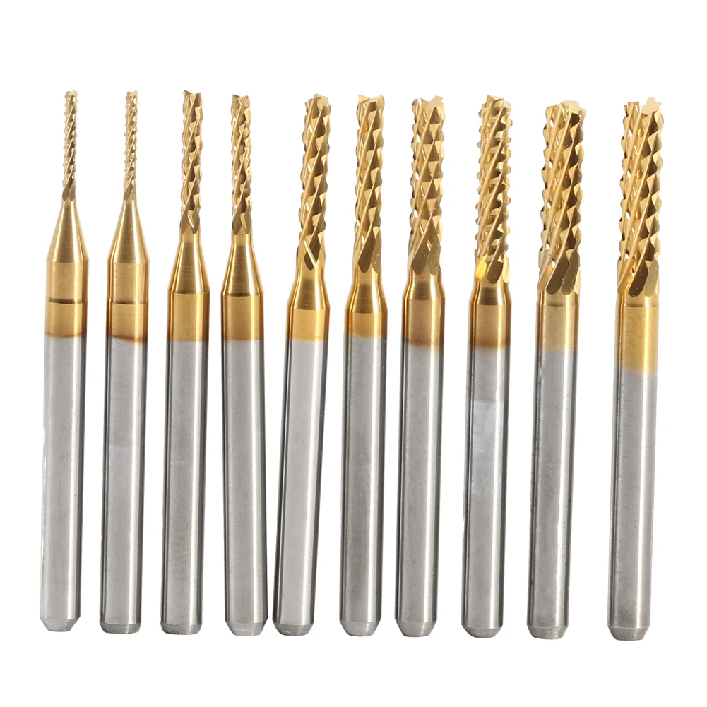

10pcs Titanium Coated End Mill Cemented Carbide CNC Milling Cutters Tools 1.0-3.0mm Straight Shank Router Drill Bit Set