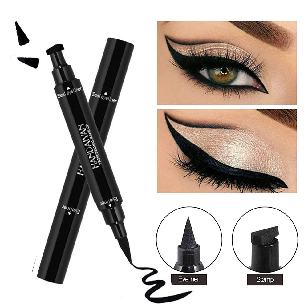 

1 Pcs 2-in-1 Waterproof Eyeliner Pen with Eyeliner Stamp Double-Headed Seal Black Eyeliner Triangle Seal Eyeliner