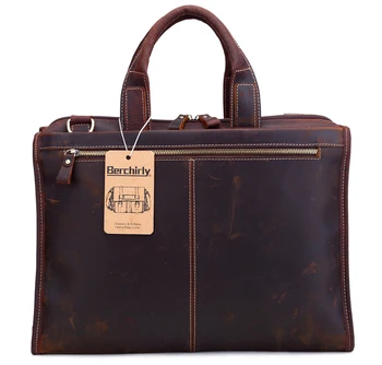 

15.6 Inch Leather Shoulder Computer Work Bags Tote- 100% Top Layer Crazy Horse Genuine Cow Leather Handbag Briefcase Berchirly