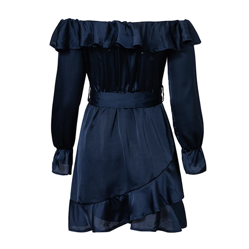 BONGOR LUSS Sexy Ruffles Lace Up Off Shoulder Women Dress Bow Long Sleeves Elegant Vintage Dress Short Party Dress With Sashes  (38)