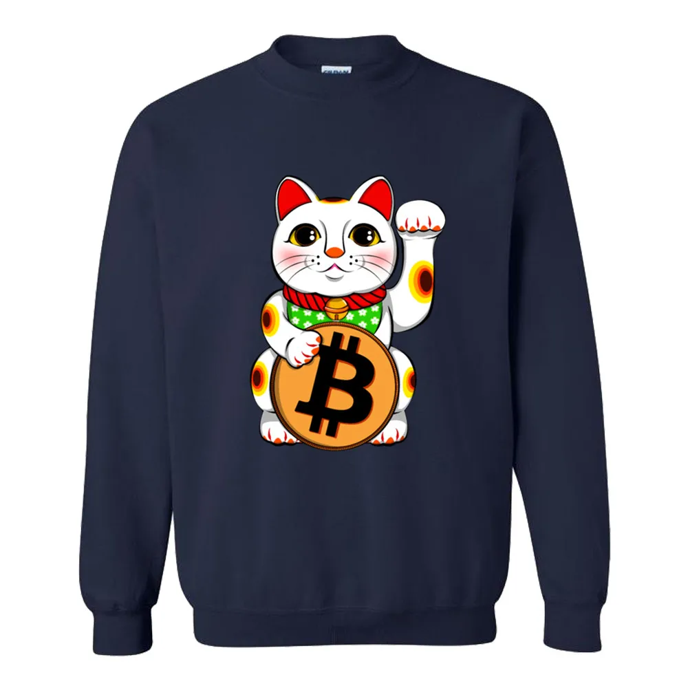 2018 новый бренд Толстовки мужчин Bitcoin повезло Maneki Neko с длинным рукавом