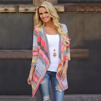 

Womens Jackets And Coats Autumn 2017 Fashion Colored Stripes Three Quarter Sleeve Printing Cardigan Knitting Coats BF455