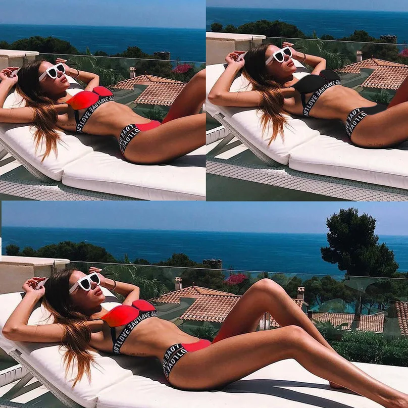 

2019 Letter Printed Brazilian Bikini Women Swimwear Female Swimsuit Two-pieces Bikini set Lace Up Bather Bathing Suit Swim New