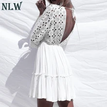 NLW элегантное короткое зимнее белое повседневное женское платье с v-образным вырезом сексуальное открытое платье с оборками Вечерние платья на шнуровке Vestidos