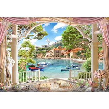 

Natural Scenery Series Photography Background Brick Houses On The Mount Clear Lake With Ship White Fence With Sculpture Backdrop
