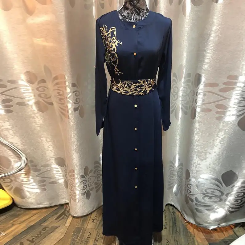 Navy blue dress Абая для женщин Рамадан Исламская одежда abaya Femme Дубай мусульманское платье ХИДЖАБ КАФТАН Qatar Oman Elbise турецкие платья - Цвет: Navy blue dress