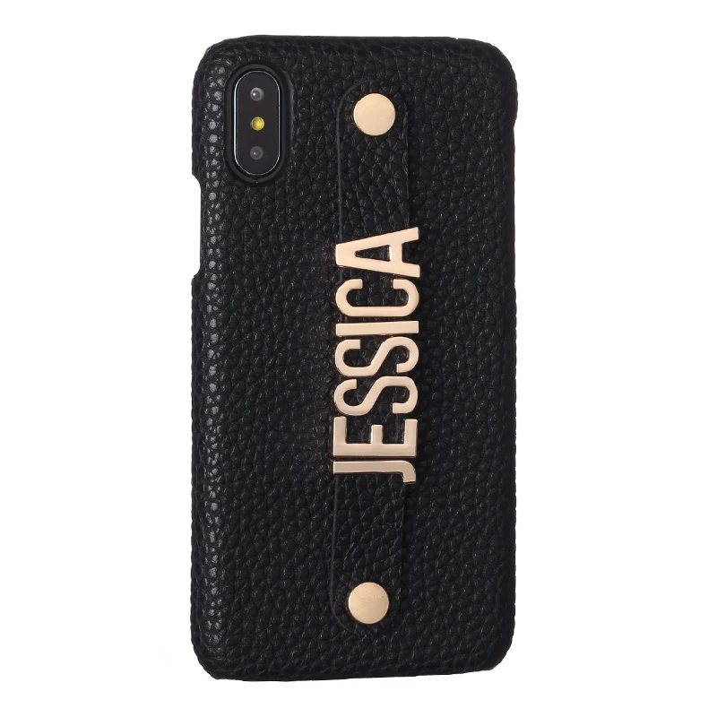 

Holding Strap Metal Personalisation Your Name Pebble Grain Leather Phone Case Cover For iPhone 6 6S XS Max XR 7 7Plus 8 8Plus X