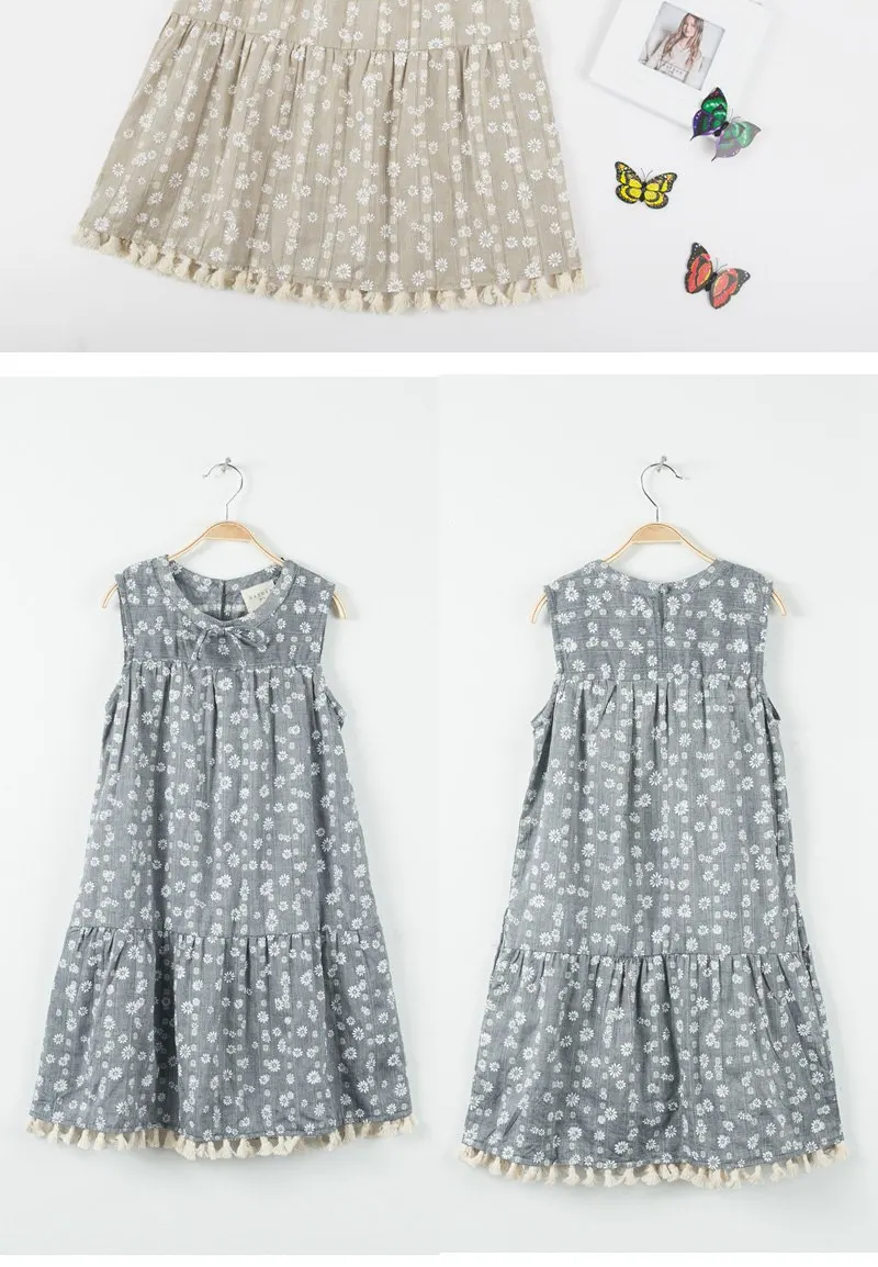 girls sleeveless flower print dress tassel trim G5080-13