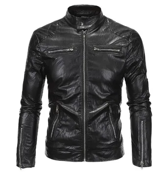 

New Retro Mens Motorcycle Jacket PU Leathe Stand Collar Slim Fit Thin Lightweight Classic Biker Punk Moto Jacket Coat Size M-5XL