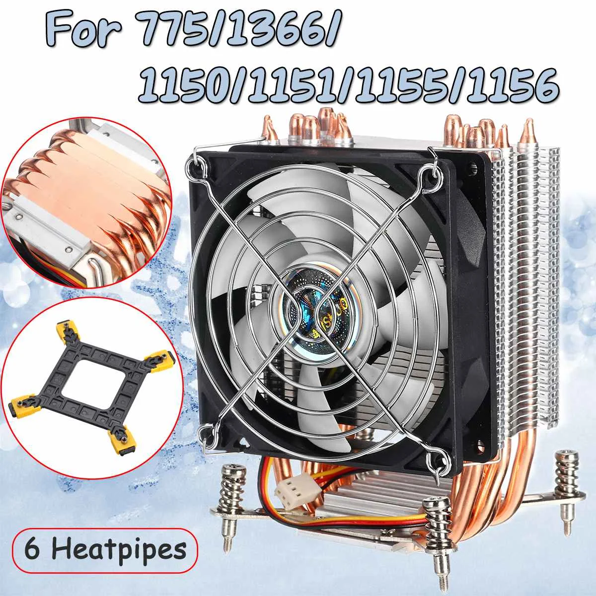 90mm 3Pin 6 Copper Heat Pipes CPU Cooler Heatsink Quiet Fans Cooling Heatsink for Intel for Intel LGA775/1366/1155 with Iron Net