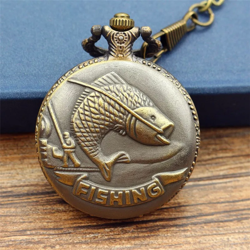 

New arrived Bronze Fishing Angling Quartz Antique Pocket Watch for Men and Women Necklace Fob Chain Gifts Analog Gifts clock