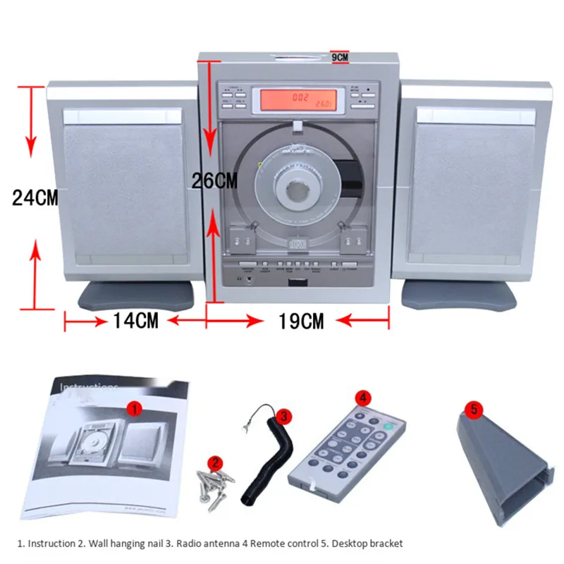 

Wall mount desktop dual use CD player portable combination high fidelity speaker clock control FM radio alarm clock thermometer
