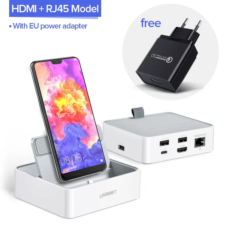 Ugreen USB C концентратор Тип C 3,0 концентратор HDMI адаптер для huawei Коврики 20/10/10 Pro P20/P20 Pro USB-C док-станция Тип C концентратор USB - Цвет: HDMI RJ45 EU Plug