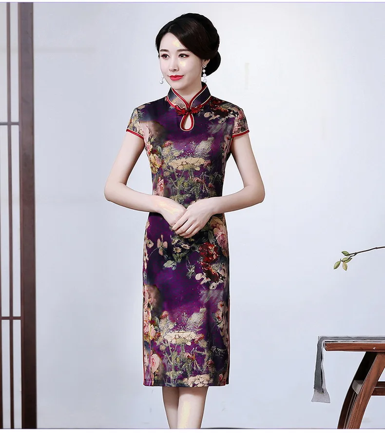 Женское летнее этническое платье Qipao, красное, фиолетовое, темно-синее платье с цветочным принтом, шелковая туника, женское платье с воротником-стойкой, боковое платье с разрезом