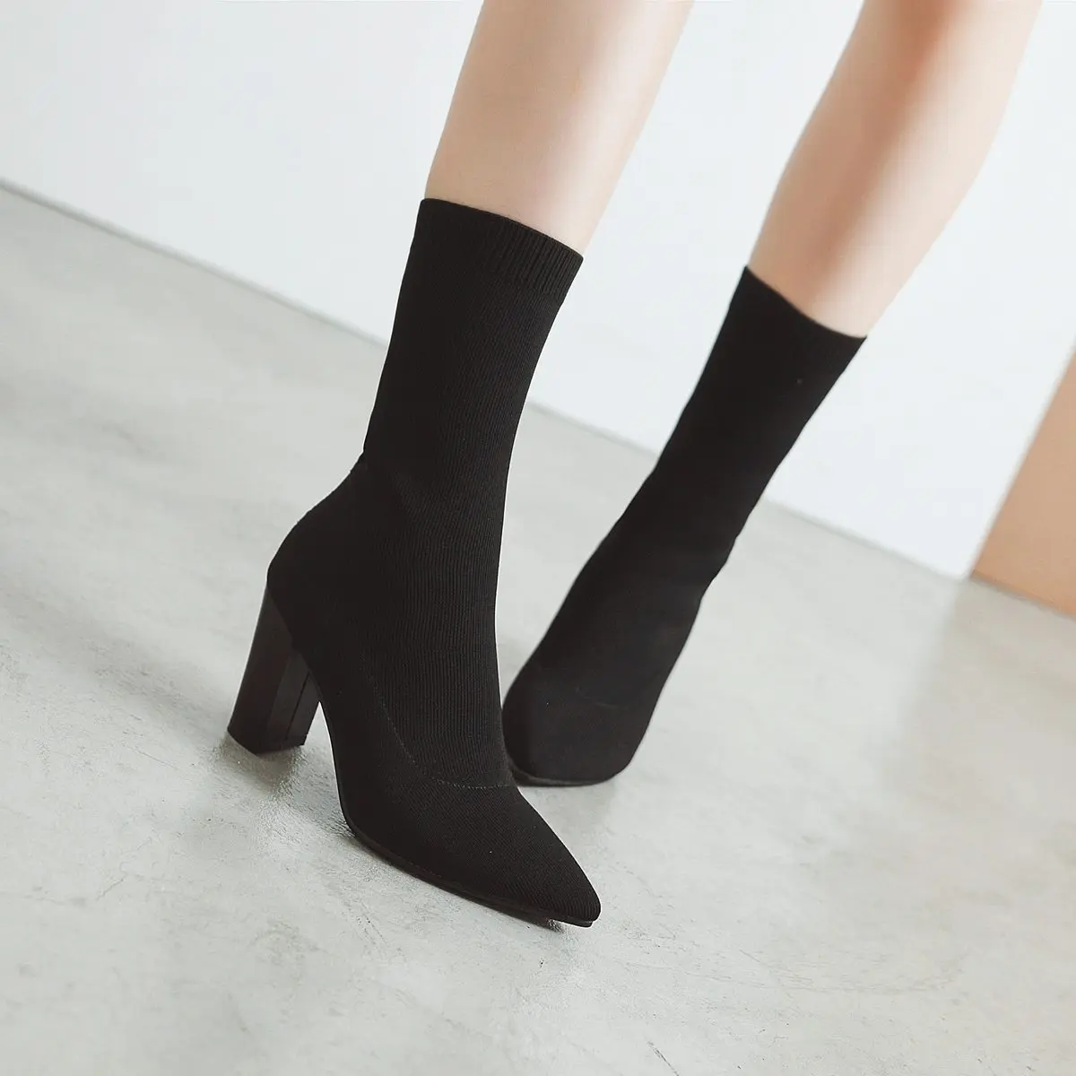 

Women Fashion Stretch Fabric Boots Suqare High Heel Ankle Boots Slip On Pointed Toe Spring Autumn Woman Shoes Plus Size 2018 New