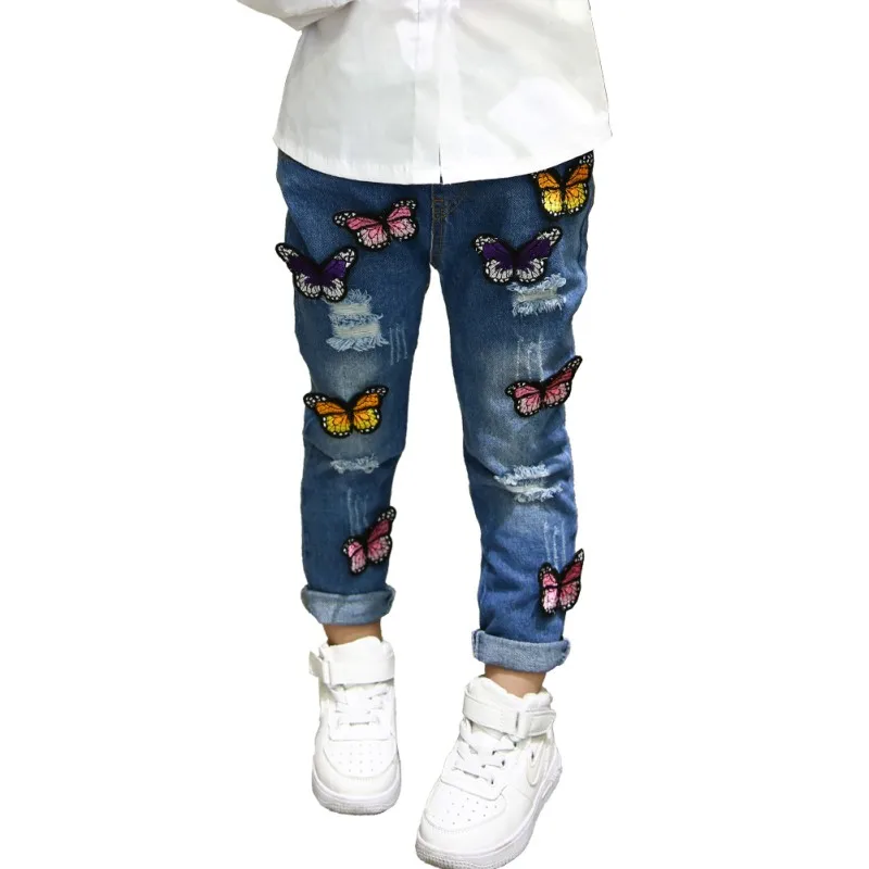 Модные джинсы для маленьких девочек с вышитыми бабочками; крутые джинсовые брюки; Детские повседневные джинсы для девочек; леггинсы; штаны