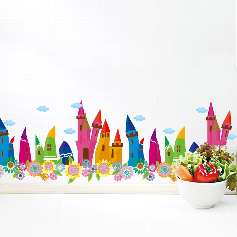

[shijuekongjian] Colorful Pencils Houses Baseboard Sticker Vinyl DIY Skirting Line Sticker for Kids Room Kindergarten Decoration
