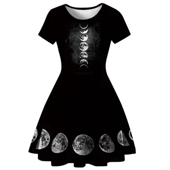 

Raisevern Harajuku Black Women Gothic Dress 3D Moon Phase Print Short Sleeve A-Line Dress Mini Dress Vestido Drop Shipping