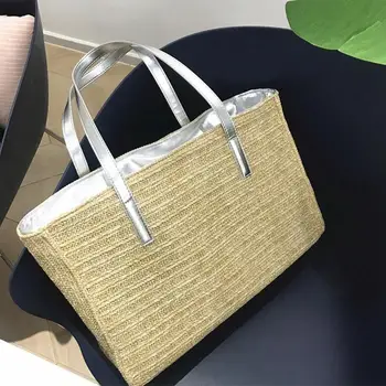 

FGGS-Beach Straw Faux Leather Handle Tote Womens Shoulder For Handbag