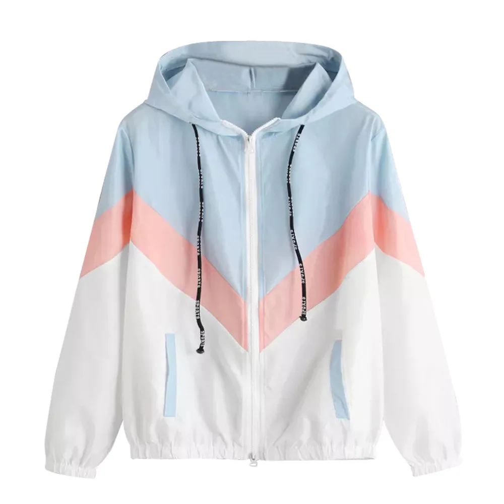 Autumn Fashion Hooded Two Tone Windbreaker Jacket Zipper Pockets Women Long Sleeve Patchwork