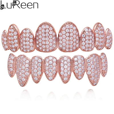 LuReen Iced Out Grillz Vampire Fangs Grillz Top Bottom Gold Teeth Hip Hop Tooth Caps CZ Crystal Bling Grillz Rapper Jewelry pink set