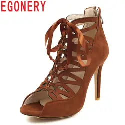 EGONERY/Женская обувь Новый стиль из флока на молнии на очень высоком тонком каблуке riband открытый носок летние полые снаружи для отдыха
