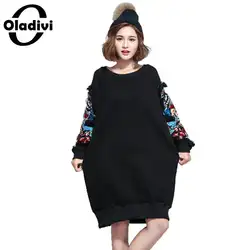 Oladivi бренд большой Размеры Женские кофты дамы повседневное свободные бархат вышитые толстовки Топы корректирующие верхняя одежда