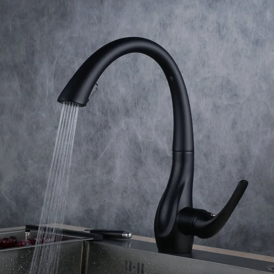 

Kitchen Faucet Pull-out Sprayer 360 Rotation Single Handle Mixer Tap Sink Faucet Black Rubber Cold and Hot Faucets